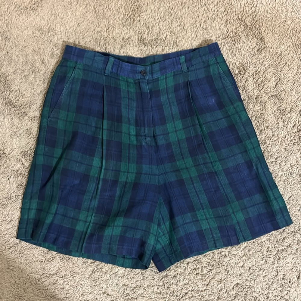 VTG Lauren Ralph Lauren Plaid Pleat Front Linen Shorts size XL Preppy Academia